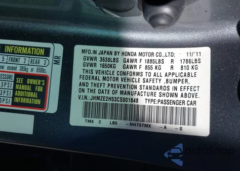 2012 Honda Insight Lx z USA, uszkodzony, nr VIN JHMZE2H53CS001848